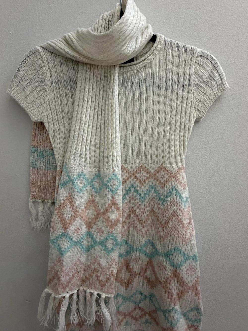 Girls' Cream Knit Dress with Scarf
